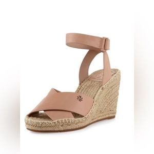 Tory Burch Bima Natural/Tan  Leather Wedge Espadrille Sandals Size 10 M